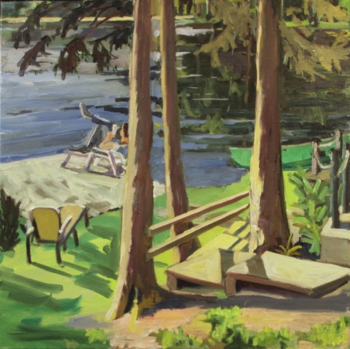 Green Pond Reader, Hemlocks, oil on canvas,   20" x 20”