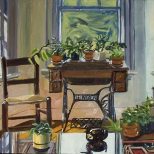 Singer Table with Plants, oil on canvas, sold