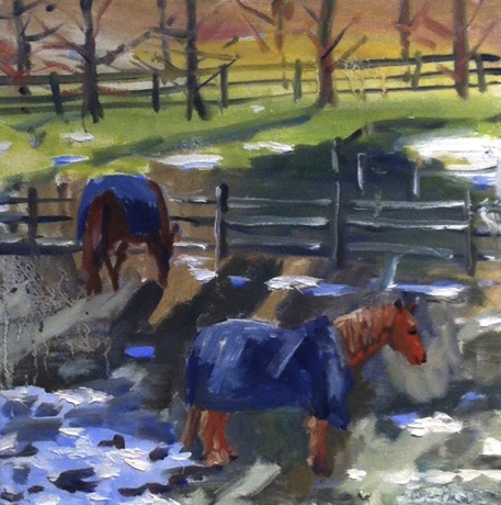 Horses, Melting Snow,  
  oil on canvas,  12 x 12”