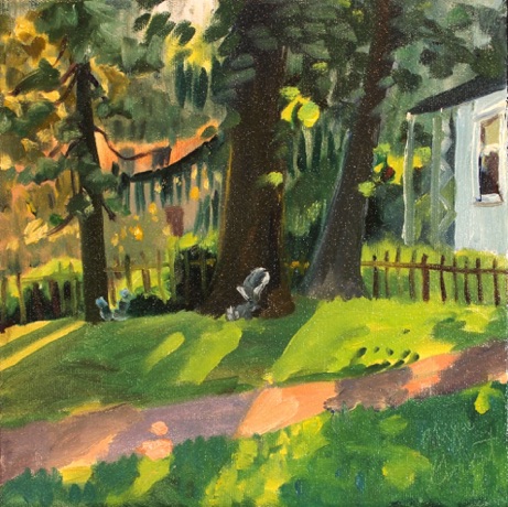Squirrels Chasing, oil on canvas, 10 x 10”